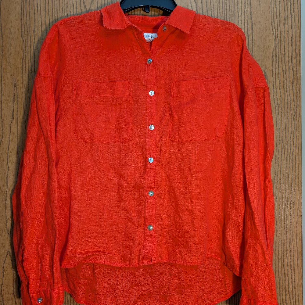 100% Linen Rachel Zoe Button Down Top Blouse Size Small Red/Orange/Coral Color